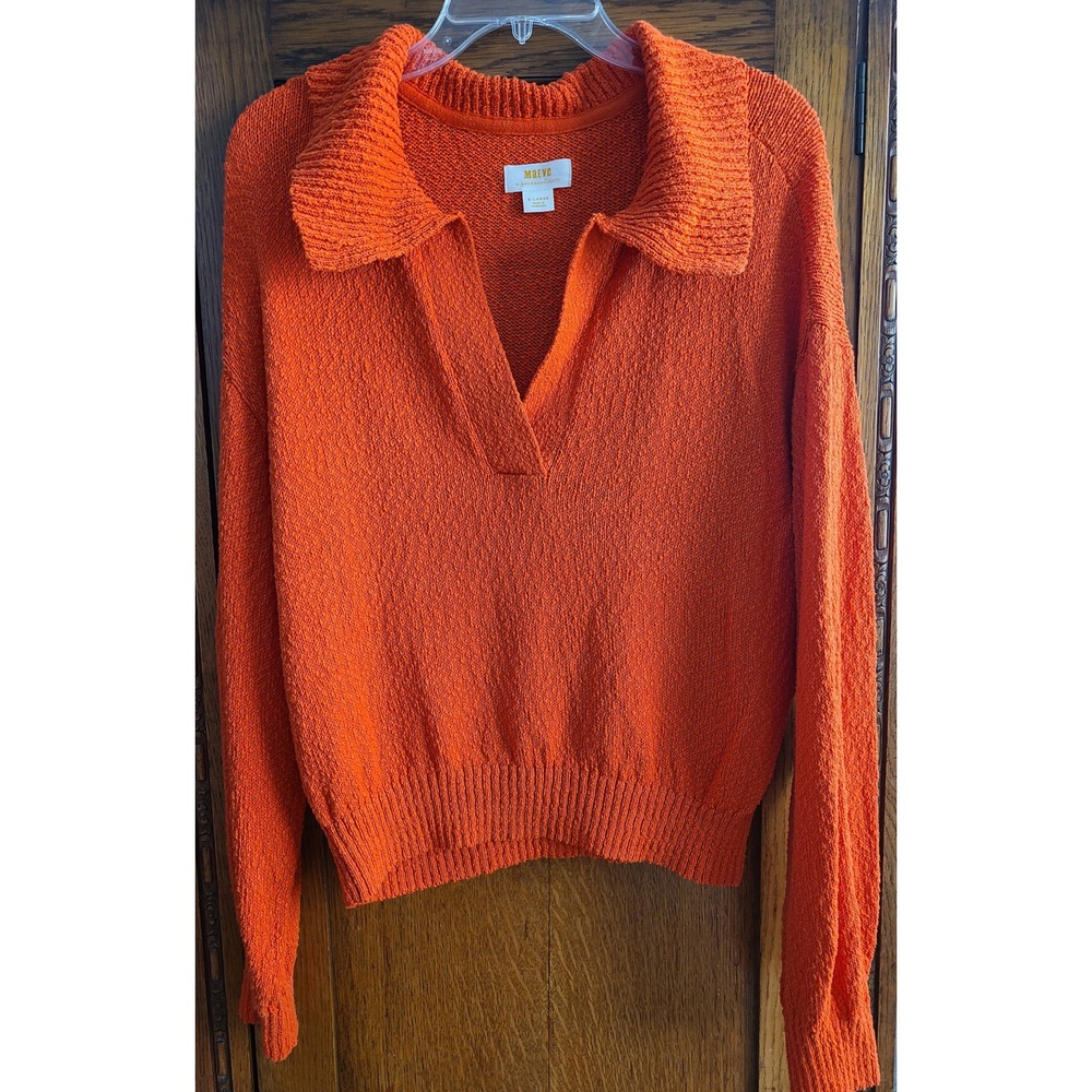 Maeve Anthropologie Orange Collared V-Neck Textured Knit Sweater XL OB1637334